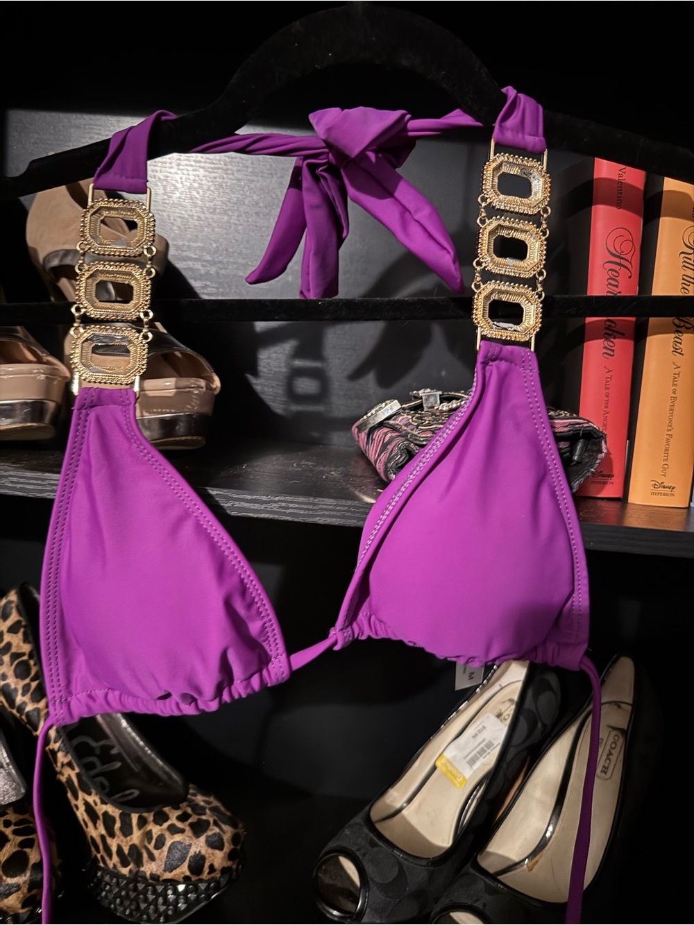 Women's Purple Halter Bikini Top with Gold Accent Hardware
